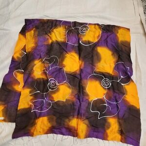 Vintage Thai 100% Silk Hand Painted Floral Scarf Purple Yellow Fringe 33x66
